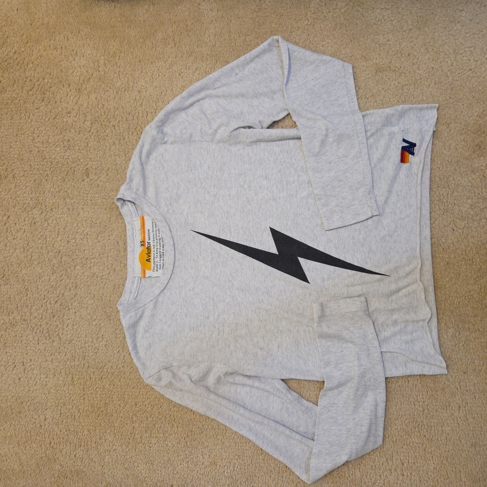 Aviator Nation Gray and Black Long Sleeve Tee with Lightning Bolt